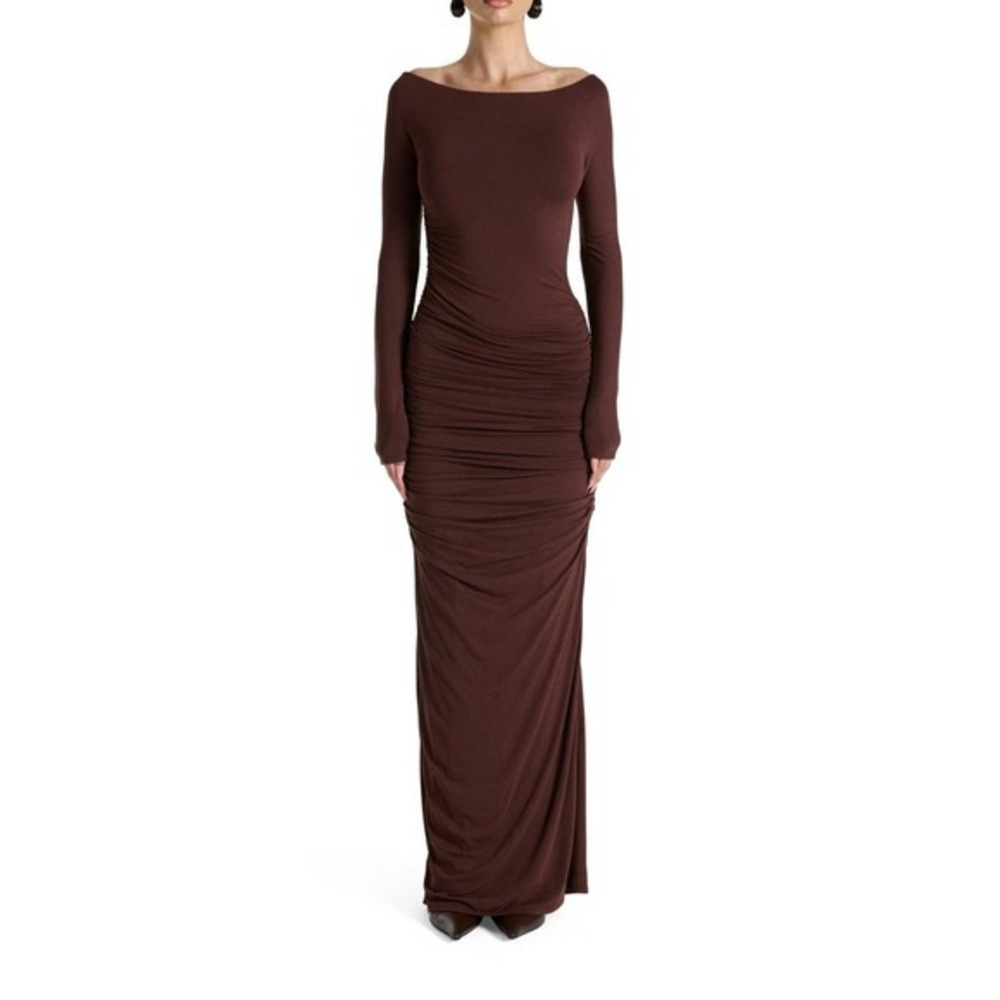NWT Naked‎ Wardrobe Maxi Dress  Brown S Off the Shoulder Body Con Sheer Sleeves